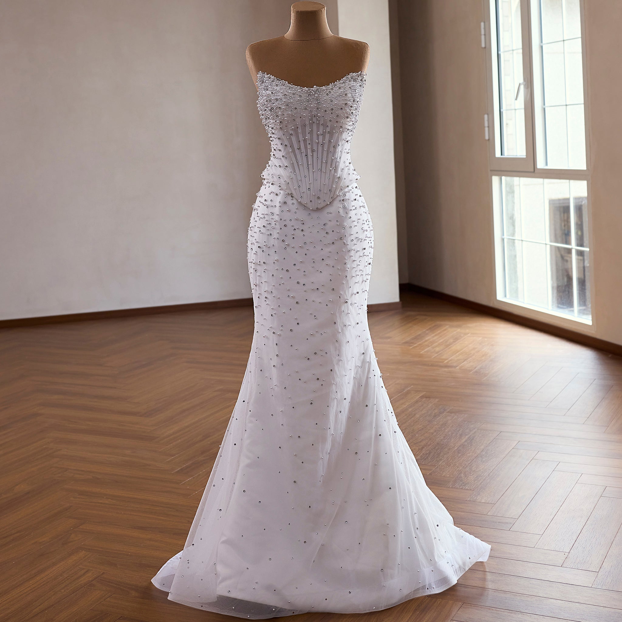 Off Shoulder Wedding Dress with Intricate Pearl Beading and Removable Skirt - Rosymae
