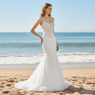 Off Shoulder Wedding Dress with Intricate Pearl Beading and Removable Skirt - Rosymae