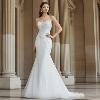 Off Shoulder Wedding Dress with Intricate Pearl Beading and Removable Skirt - Rosymae