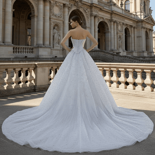 Off Shoulder Wedding Dress with Intricate Pearl Beading and Removable Skirt - Rosymae