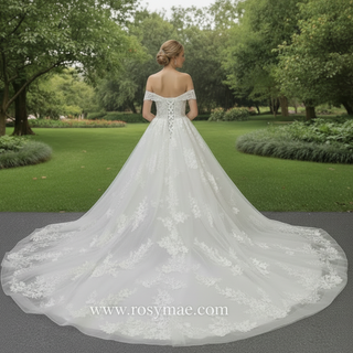 Puff Skirt Ball Gown Off Shoulder Wedding Dress with Long Train