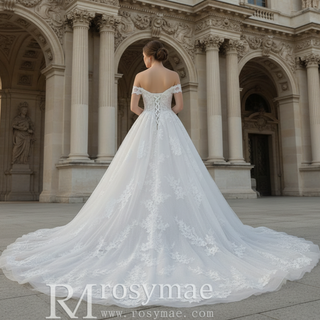 Puff Skirt Ball Gown Off Shoulder Wedding Dress with Long Train