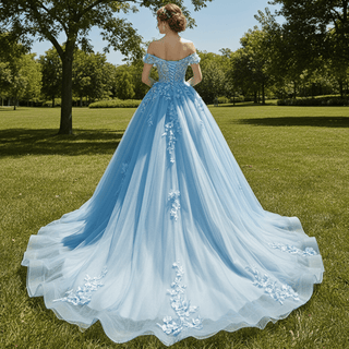 Off the Shoulder 3D Flowers Blue Wedding Dress - Rosymae