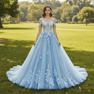 Off the Shoulder 3D Flowers Blue Wedding Dress - Rosymae