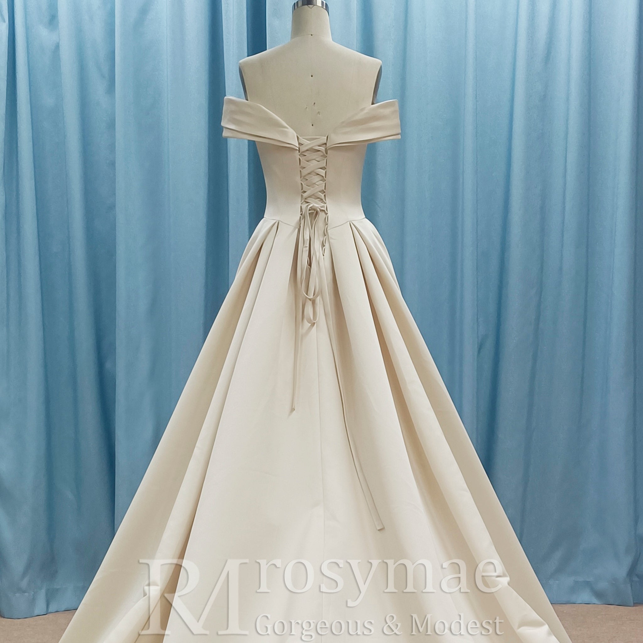 Off the Shoulder A-line Champagne Satin Wedding Dress with V Neck - Rosymae