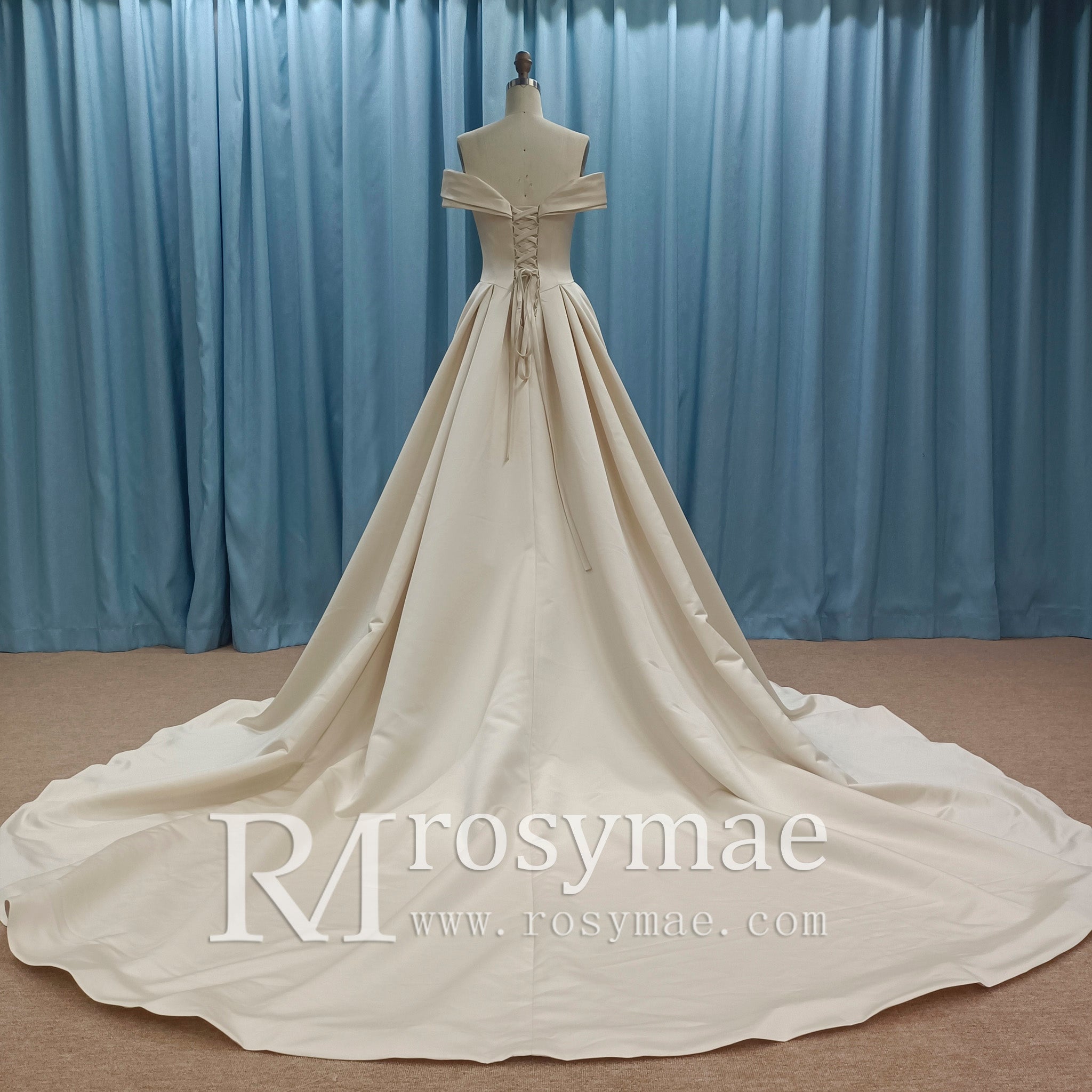 Off the Shoulder A-line Champagne Satin Wedding Dress with V Neck - Rosymae