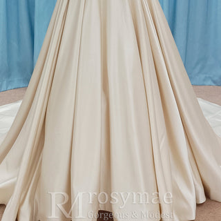 Off the Shoulder A-line Champagne Satin Wedding Dress with V Neck - Rosymae