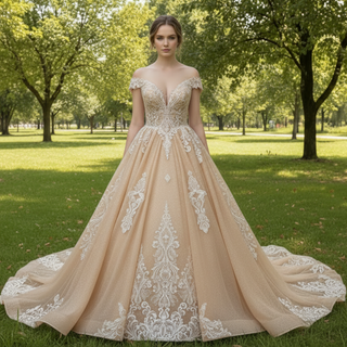Handmade Off-the-Shoulder Floral Lace Wedding Dress with Vneck