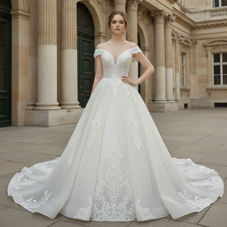 Handmade Off-the-Shoulder Floral Lace Wedding Dress with Vneck
