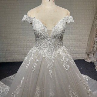 Handmade Off-the-Shoulder Floral Lace Wedding Dress with Vneck
