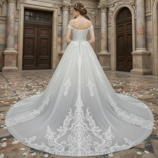 Handmade Off-the-Shoulder Floral Lace Wedding Dress with Vneck