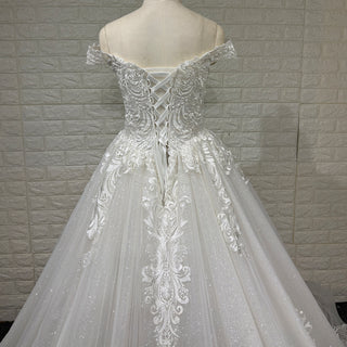 Handmade Off-the-Shoulder Floral Lace Wedding Dress with Vneck