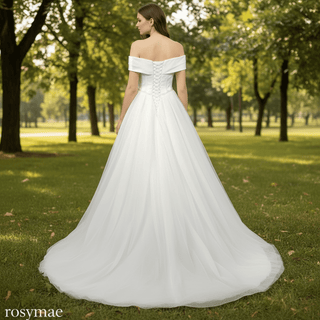 Off-The-Shoulder A-Line Ruched Country Wedding Dress - Rosymae