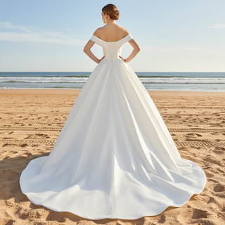 Off the Shoulder Straight Neck Wedding Dress with Puffy Skirt