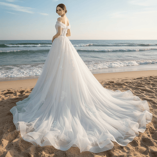 Off the Shoulder A-line Tulle Appliqued Lace Wedding Dress - Rosymae