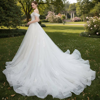 Off the Shoulder A-line Tulle Appliqued Lace Wedding Dress - Rosymae