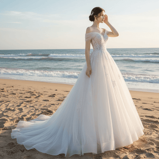 Off the Shoulder A-line Tulle Appliqued Lace Wedding Dress - Rosymae