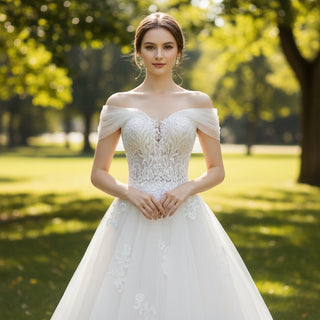Off the Shoulder A-line Tulle Appliqued Lace Wedding Dress - Rosymae