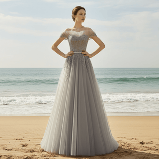 Off the Shoulder A-line Tulle Gray Evening Dress with Crystals - Rosymae
