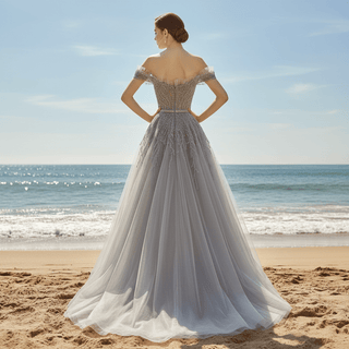 Off the Shoulder A-line Tulle Gray Evening Dress with Crystals - Rosymae