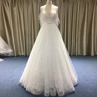 Off the Shoulder A-Line Wedding Gown with Tulle Flutter Sleeves - Rosymae