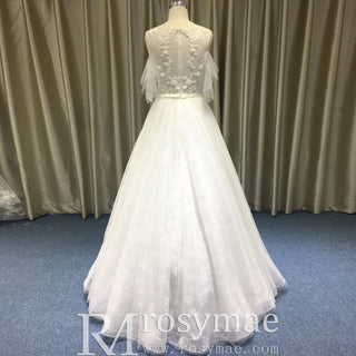 Off the Shoulder A-Line Wedding Gown with Tulle Flutter Sleeves - Rosymae