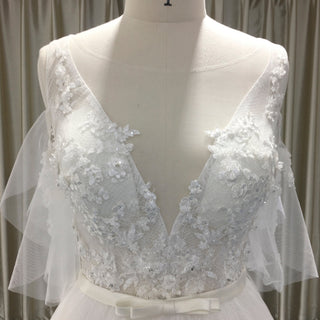 Off the Shoulder A-Line Wedding Gown with Tulle Flutter Sleeves - Rosymae