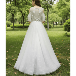 Off the Shoulder A-Line Wedding Gown with Tulle Flutter Sleeves - Rosymae