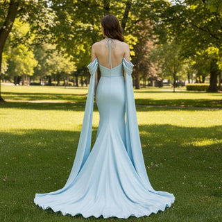 Off the Shoulder Baby Blue Soft Satin Formal Prom Party Dress with Cape - Rosymae