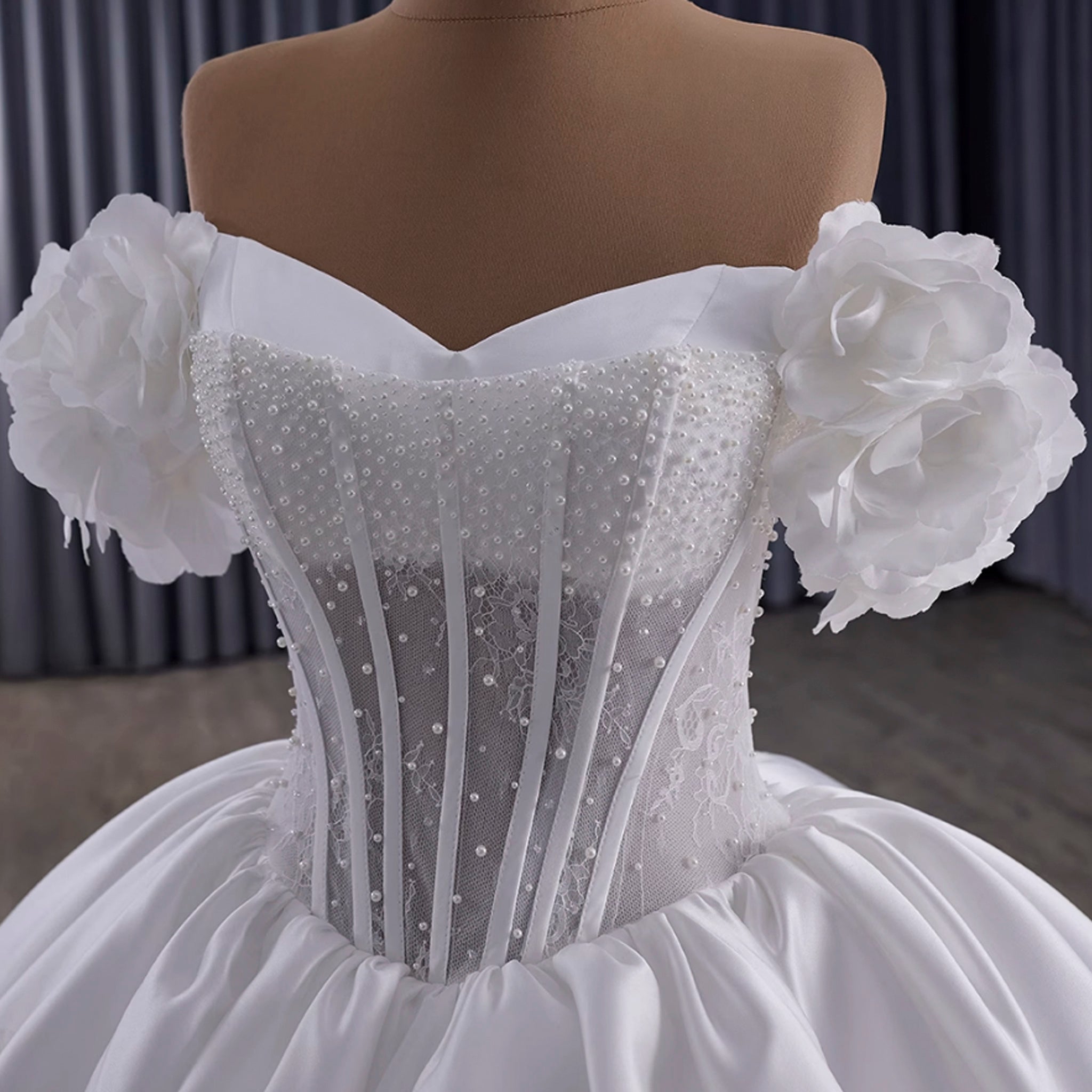 Off the Shoulder Ball Gown Basque Waist Wedding Dress with 3D Flowers - Rosymae