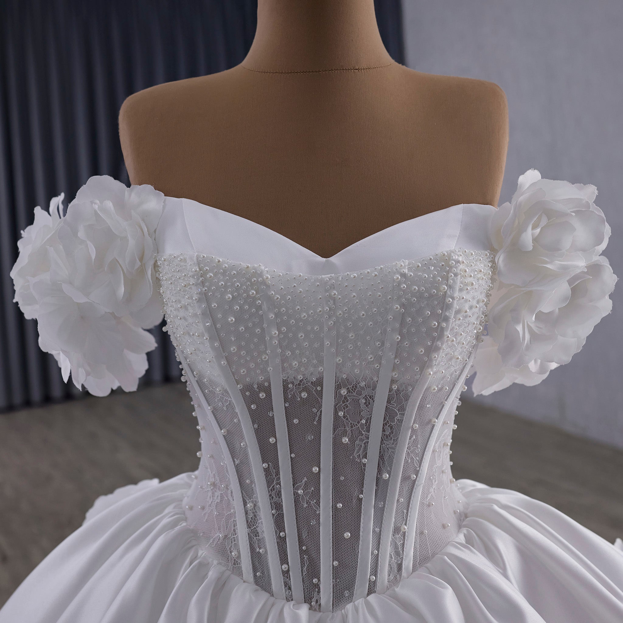 Off the Shoulder Ball Gown Basque Waist Wedding Dress with 3D Flowers - Rosymae