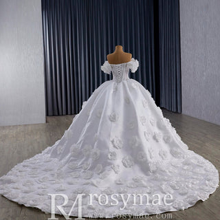 Off the Shoulder Ball Gown Basque Waist Wedding Dress with 3D Flowers - Rosymae