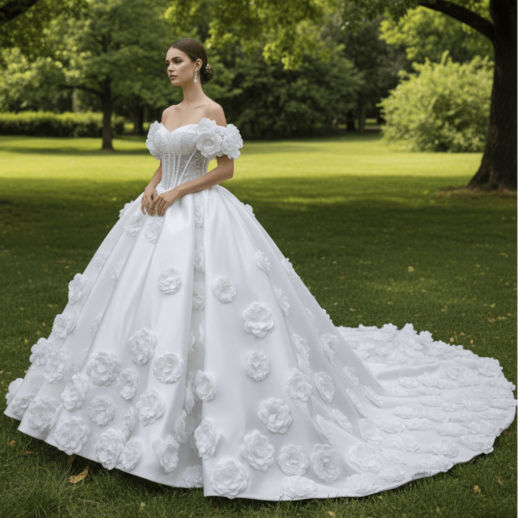 Off the Shoulder Ball Gown Basque Waist Wedding Dress with 3D Flowers - Rosymae