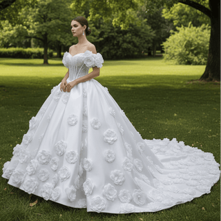 Off the Shoulder Ball Gown Basque Waist Wedding Dress with 3D Flowers - Rosymae