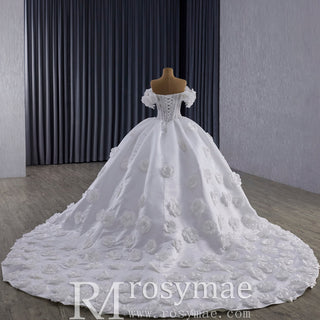 Off the Shoulder Ball Gown Basque Waist Wedding Dress with 3D Flowers - Rosymae
