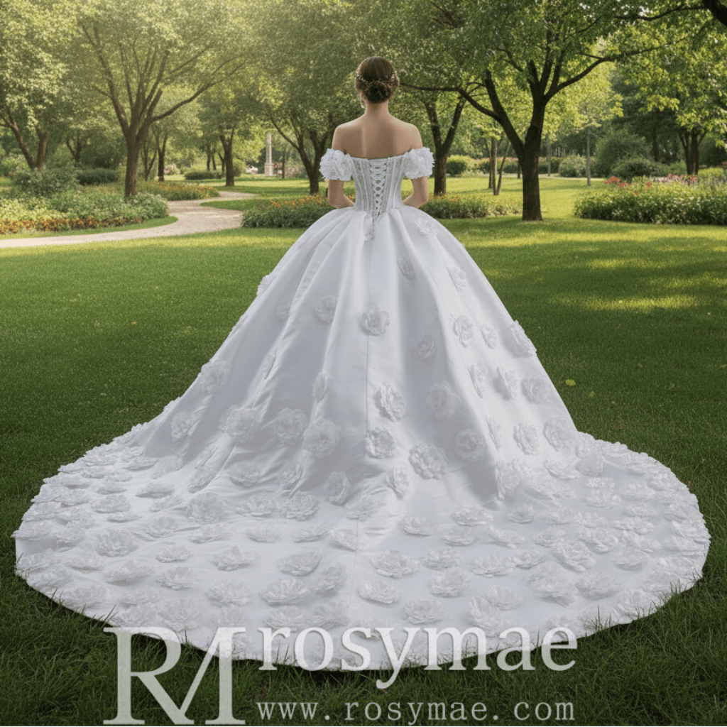 Off the Shoulder Ball Gown Basque Waist Wedding Dress with 3D Flowers - Rosymae