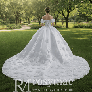 Off the Shoulder Ball Gown Basque Waist Wedding Dress with 3D Flowers - Rosymae