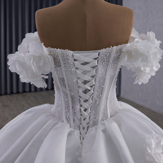 Off the Shoulder Ball Gown Basque Waist Wedding Dress with 3D Flowers - Rosymae