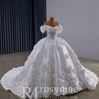 Off the Shoulder Ball Gown Basque Waist Wedding Dress with 3D Flowers - Rosymae