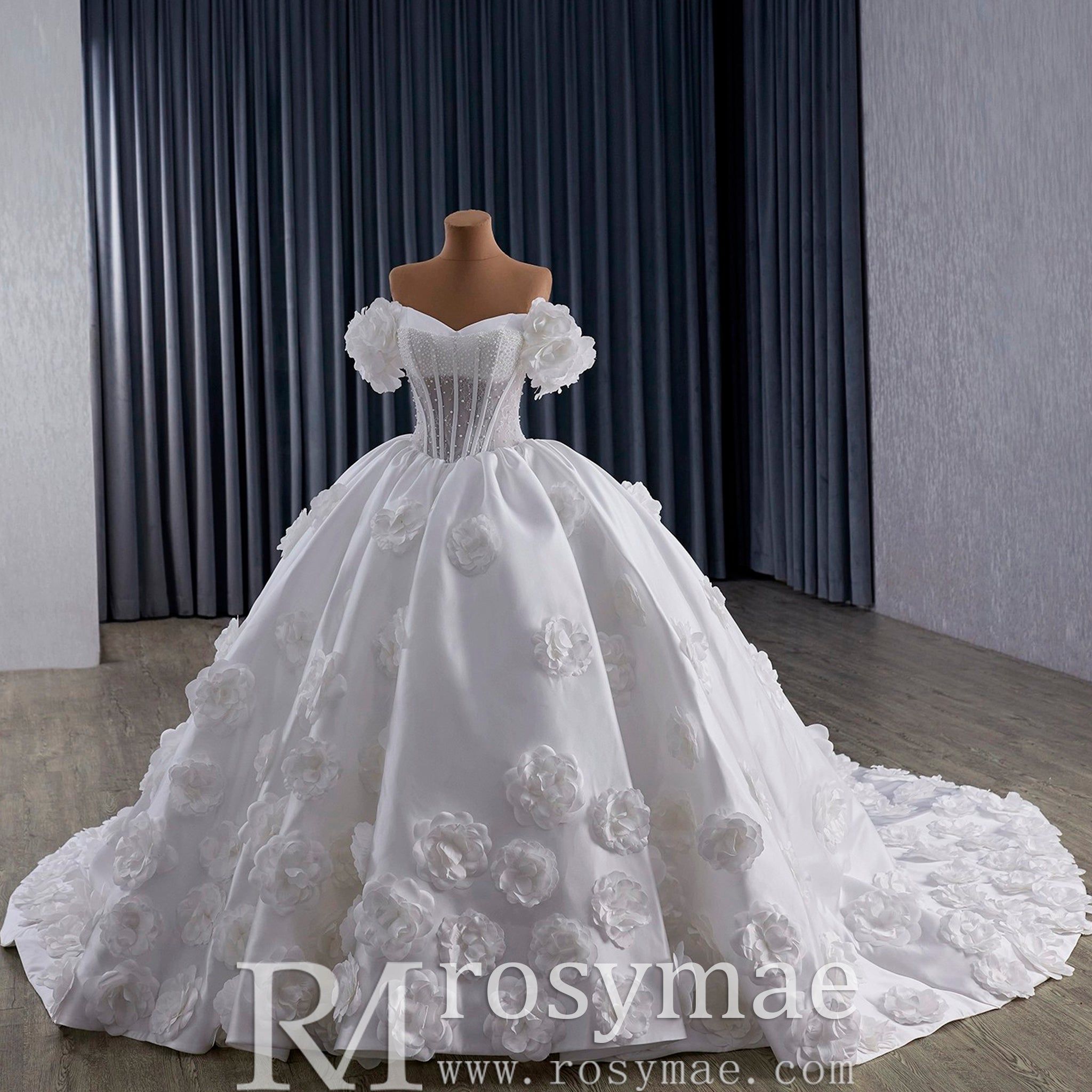Off the Shoulder Ball Gown Basque Waist Wedding Dress with 3D Flowers - Rosymae