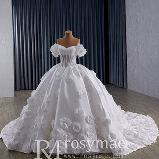 Off the Shoulder Ball Gown Basque Waist Wedding Dress with 3D Flowers - Rosymae