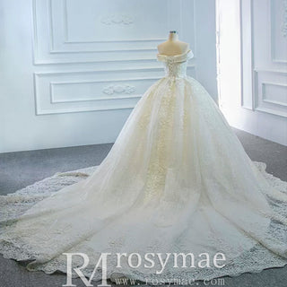 Off the Shoulder Ball Gown Lace Wedding Dress with Long Train - Rosymae