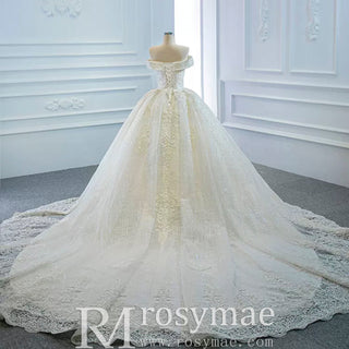 Off the Shoulder Ball Gown Lace Wedding Dress with Long Train - Rosymae