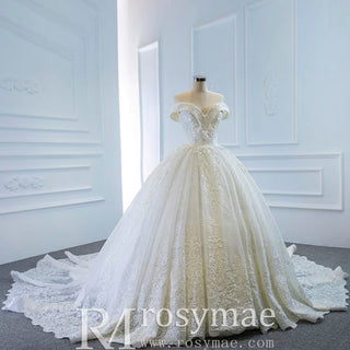 Off the Shoulder Ball Gown Lace Wedding Dress with Long Train - Rosymae
