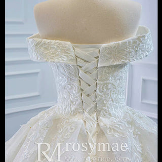 Off the Shoulder Ball Gown Lace Wedding Dress with Long Train - Rosymae