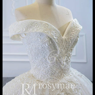 Off the Shoulder Ball Gown Lace Wedding Dress with Long Train - Rosymae
