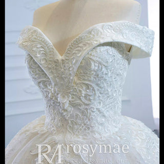 Off the Shoulder Ball Gown Lace Wedding Dress with Long Train - Rosymae