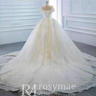Off the Shoulder Ball Gown Lace Wedding Dress with Long Train - Rosymae