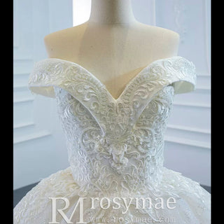 Off the Shoulder Ball Gown Lace Wedding Dress with Long Train - Rosymae