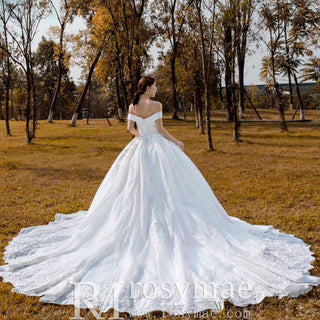 Off the Shoulder Ball Gown Lace Wedding Dress with Long Train - Rosymae